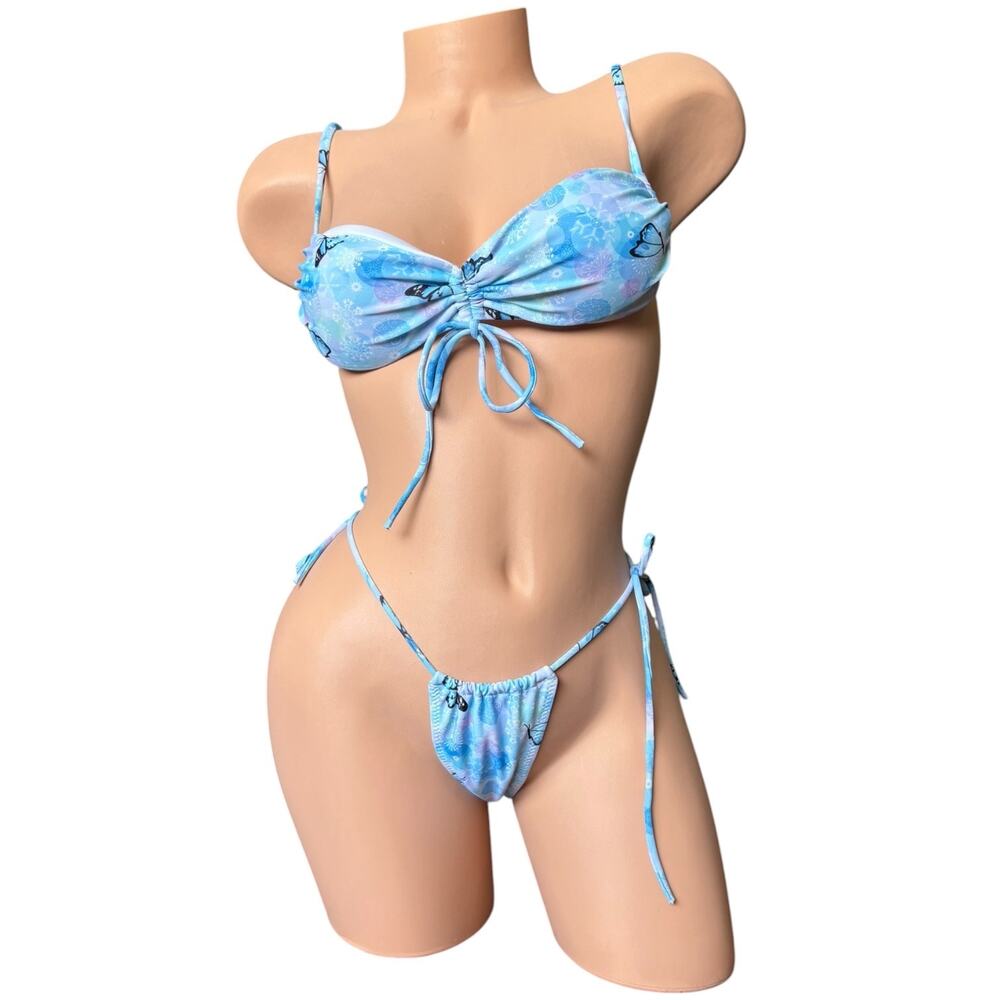 Oh Polly Y2K Blue Pastel Tie-Dye Butterfly Ruched String Mini Thong Bikini Set - Picture 4 of 9